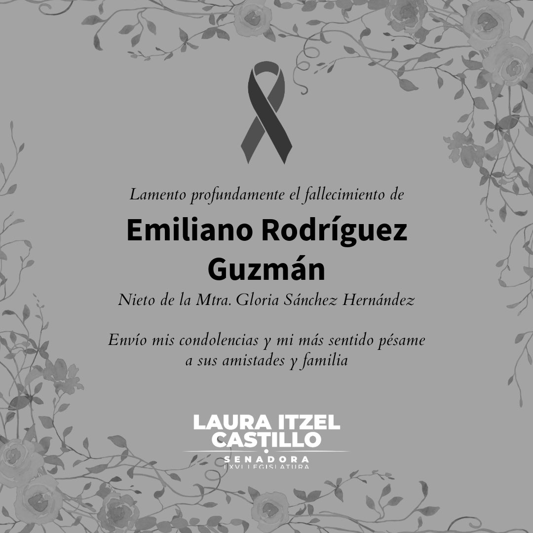 Laura Itzel Castillo Juárez (@laurai_castillo) on Twitter photo Querida <a href="/GloriaSanchezH/">Gloria Sánchez Hernández</a> lamento profundamente la irreparable perdida. Envío un abrazo solidario y mi más sentido pésame. 🕊️🖤 Querida <a href="/GloriaSanchezH/">Gloria Sánchez Hernández</a> lamento profundamente la irreparable perdida. Envío un abrazo solidario y mi más sentido pésame. 🕊️🖤