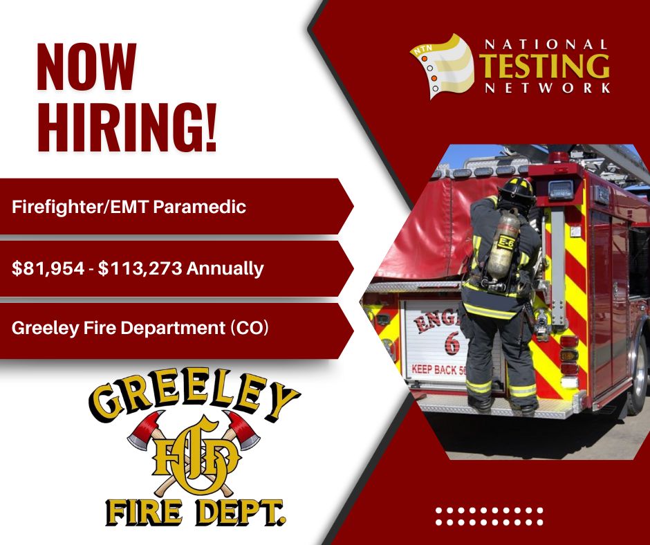 The Greeley Fire Department [Greeley, CO] is hiring for the position of Firefighter/EMT Paramedic.
Please submit your application materials by 05/05/25.
Salary: $81,954 - $113,273 Annually
For more information, please visit nationaltestingnetwork.com.