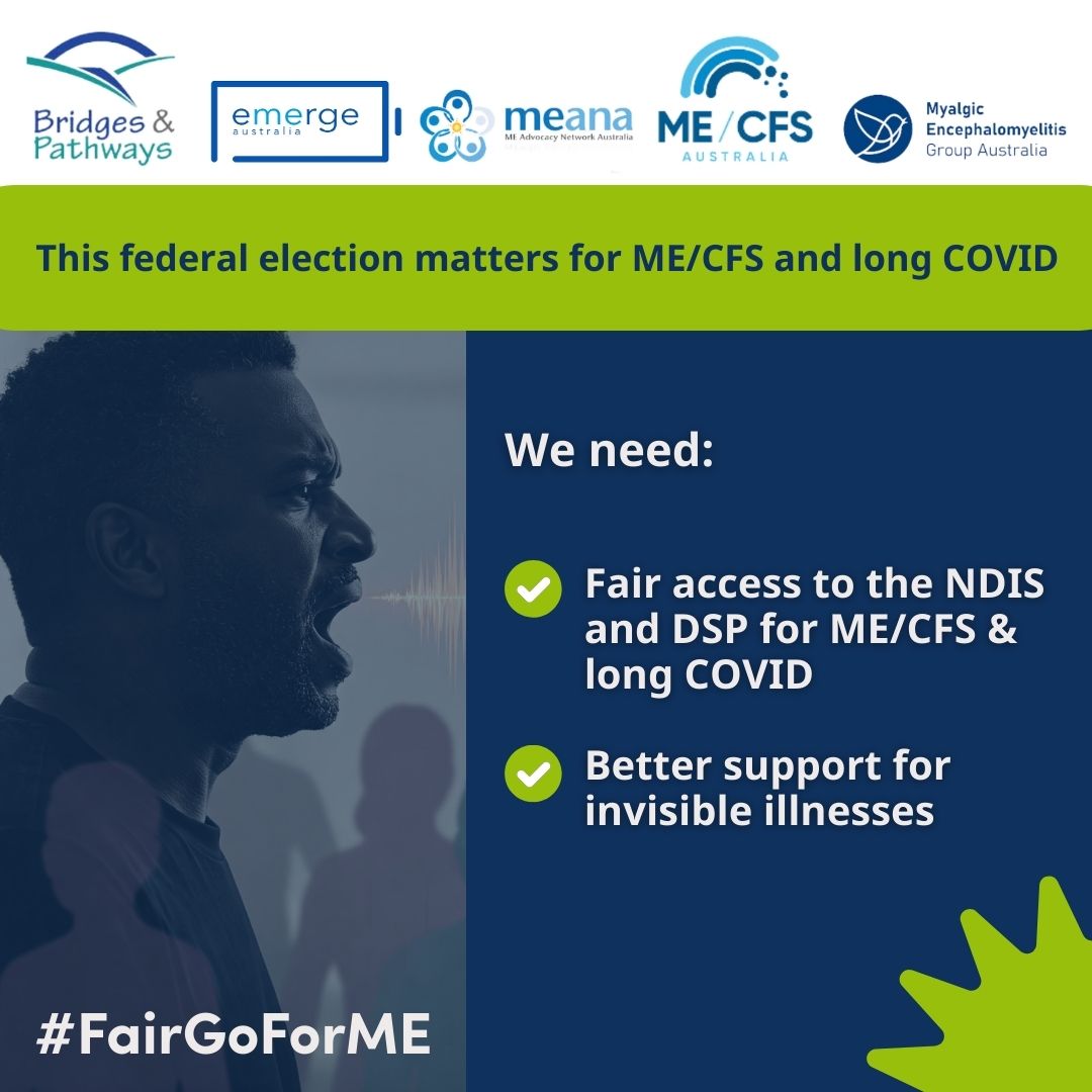 ME Group Australia (Rachel) (@megroupaust) on Twitter photo #pwME & #pwLC struggle to access #NDIS & #DSP. This must change!
Visit your candidates' page & tell you'll vote for those who give #MyaglicEncephalomyelitis, #MEcfs & #longCOVD a ❗️#FairGoForME ❗️ #AusVotes2025 #AusPol #Disability
<a href="/EmergeAus/">Emerge Australia</a> <a href="/mecfsaustralia/">ME/CFS Australia</a> <a href="/MEAdvNetAu/">ME Advocacy Network Australia (MEANA)</a> #pwME & #pwLC struggle to access #NDIS & #DSP. This must change!
Visit your candidates' page & tell you'll vote for those who give #MyaglicEncephalomyelitis, #MEcfs & #longCOVD a ❗️#FairGoForME ❗️ #AusVotes2025 #AusPol #Disability
<a href="/EmergeAus/">Emerge Australia</a> <a href="/mecfsaustralia/">ME/CFS Australia</a> <a href="/MEAdvNetAu/">ME Advocacy Network Australia (MEANA)</a>