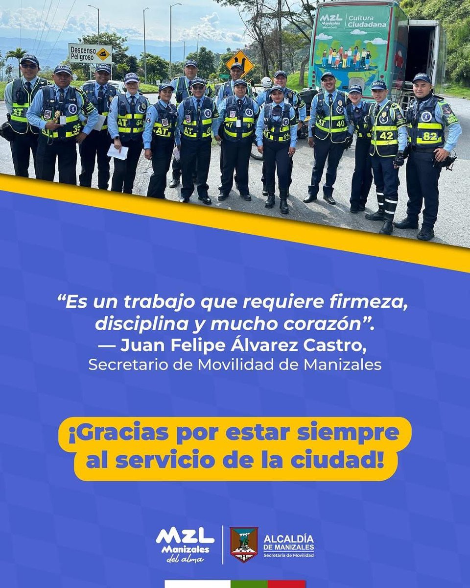 Hoy celebramos con gratitud a quienes hacen posible una movilidad segura en Manizales.

En el Día Nacional del Agente de Tránsito, reconocemos su entrega, disciplina y compromiso con la vida de todos.
Gracias por guiarnos con valentía y construir una ciudad ordenada y respetuosa.