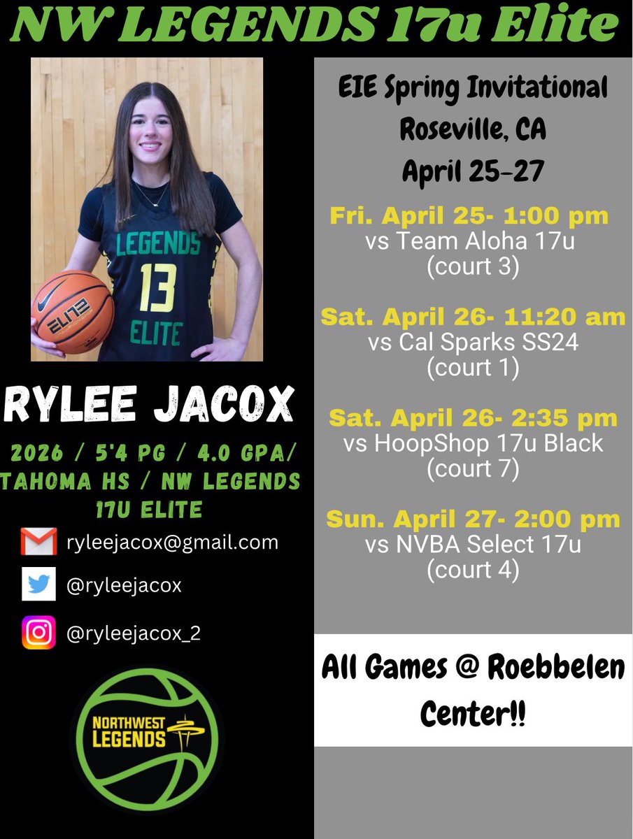 Rylee Jacox (@ryleejacox) on Twitter photo Rylee Jacox- c/o 2026- PG/SG- 4.0 GPA
Here is my schedule for the EIE Spring Invitational in Roseville, CA!!
Can’t wait to compete with <a href="/NWLegendsELITE/">NW Legends Nike Elite</a>!! LETS GOO!
<a href="/ELITEisEARNED/">ELITE is EARNED ®️</a> Rylee Jacox- c/o 2026- PG/SG- 4.0 GPA
Here is my schedule for the EIE Spring Invitational in Roseville, CA!!
Can’t wait to compete with <a href="/NWLegendsELITE/">NW Legends Nike Elite</a>!! LETS GOO!
<a href="/ELITEisEARNED/">ELITE is EARNED ®️</a>