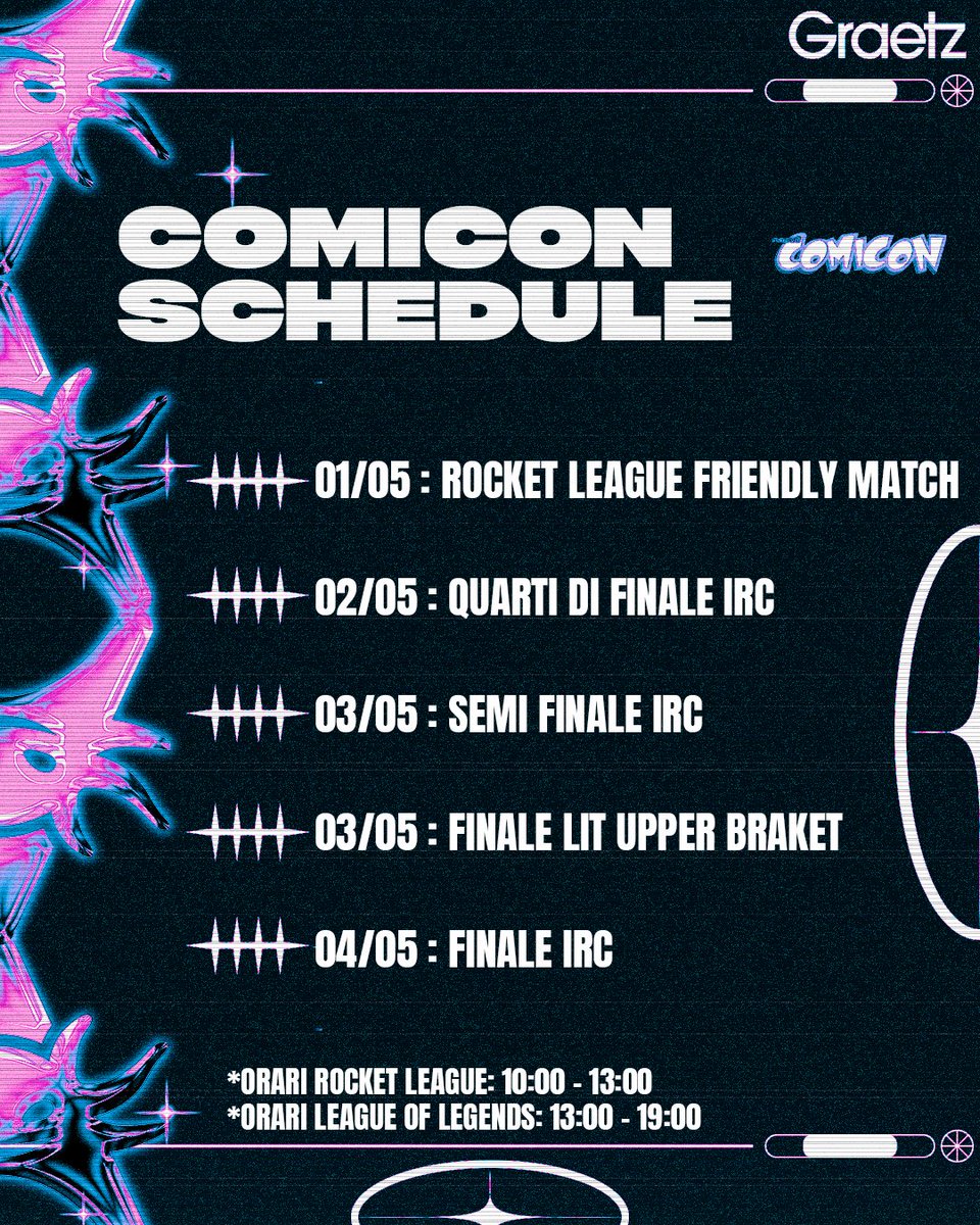 Axolotl_Esports's tweet photo. Ecco il programma per essere al nostro fianco e dei nostri ragazzi al @comiconitalia di Napoli 💪
Noi siamo CARICHISSIMI 🔥
E voi? 😏
#HereToGuard #NonSoloEsports #AXLWIN #lit #irc https://t.co/bV0mOIMo4m