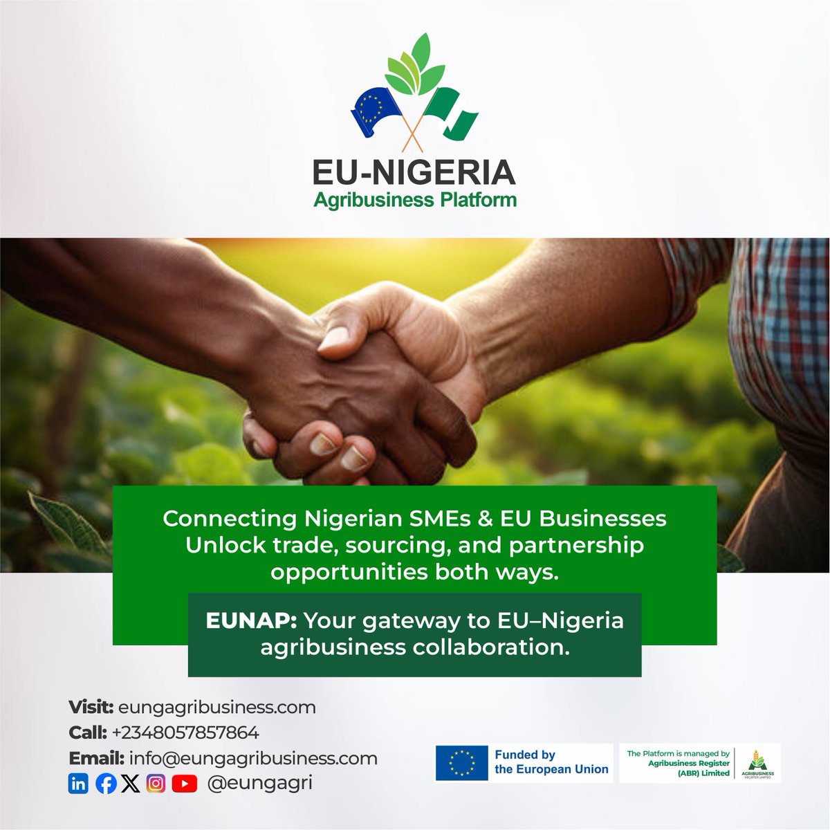 eungagri's tweet photo. From Nigeria to the EU—and back again.
EUNAP connects SMEs &amp; businesses for real agribusiness partnerships.
Trade. Source. Partner.
#EUNAP #Agribusiness #Nigeria #EU #SMEs #TradeLink https://t.co/dCAKY0lJR4