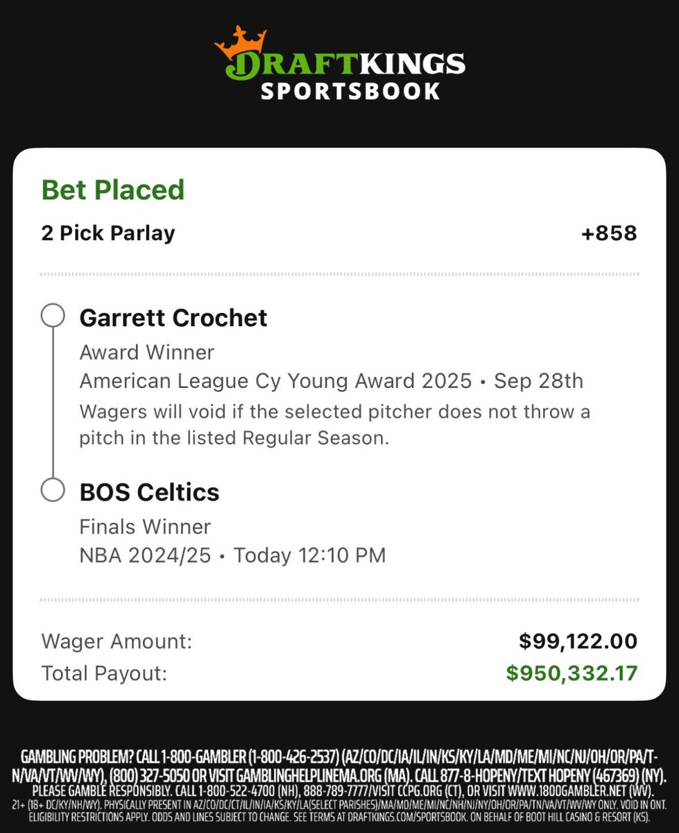 Dave Portnoy (@stoolpresidente) on Twitter photo Garrett Crochet at +225 to win Cy Young is the best value on <a href="/DKSportsbook/">DraftKings Sportsbook</a> He is going to win it in a landslide. He’s that good. I tried to get cute with it. But it’s the best advise I’ve ever given according to me. #dkparter Garrett Crochet at +225 to win Cy Young is the best value on <a href="/DKSportsbook/">DraftKings Sportsbook</a> He is going to win it in a landslide. He’s that good. I tried to get cute with it. But it’s the best advise I’ve ever given according to me. #dkparter