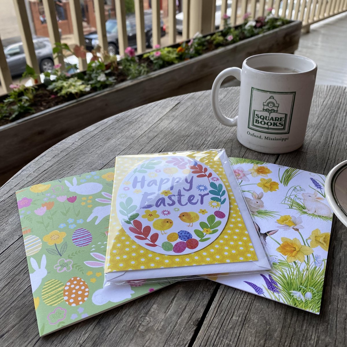 SquareBooks's tweet photo. Wishing everyone a lovely Easter from the balcony here at #SquareBooks. We will be open our usual Sunday hours (from 9AM-5PM) today, so feel free to stop by and enjoy the springtime with a coffee on our balcony. https://t.co/SUQ89rdkl3