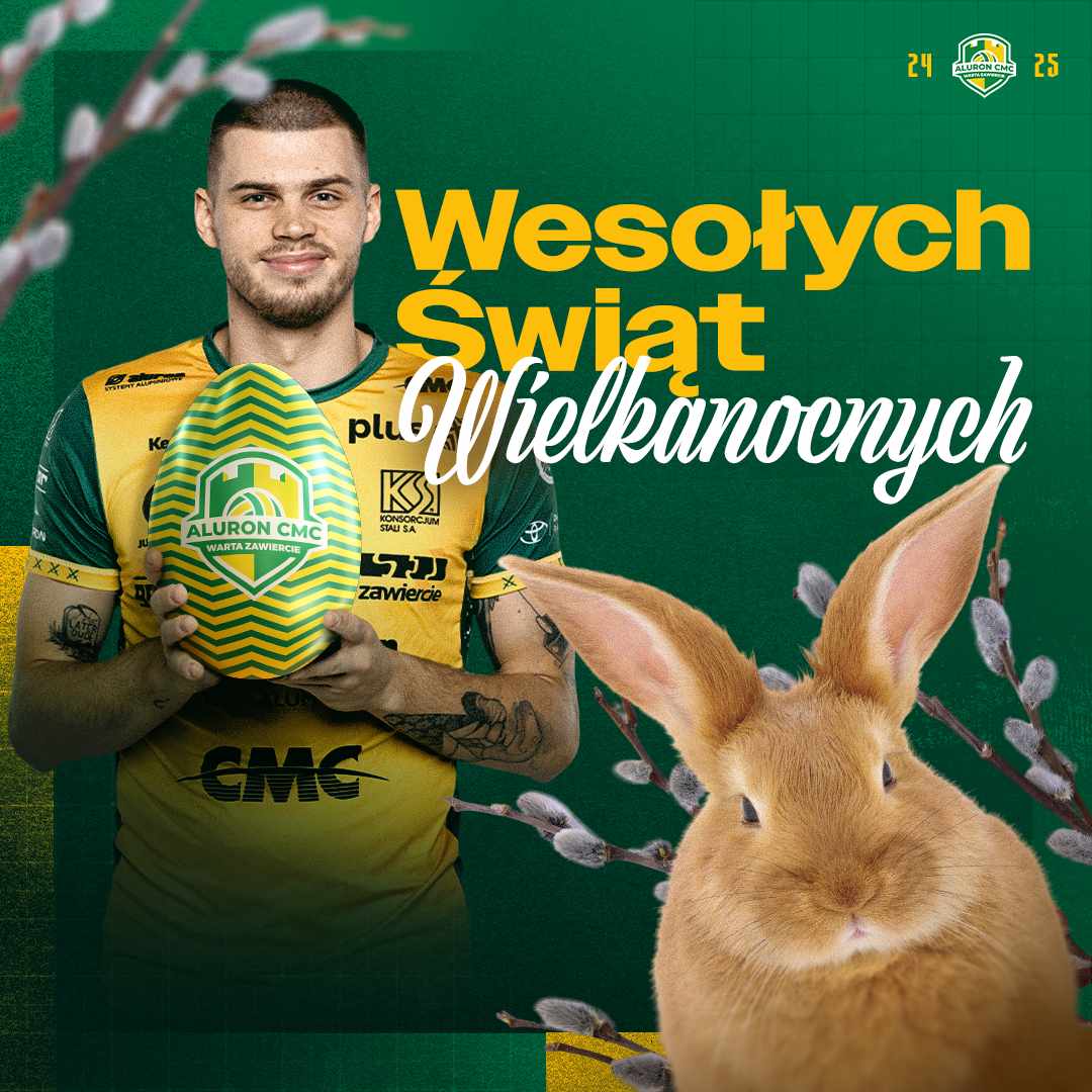 AluronCMC's tweet photo. Wesołych, radosnych, spokojnych i zdrowych Świąt Wielkanocnych życzą Zarząd, siatkarze, sztab szkoleniowy, pracownicy i współpracownicy Aluron CMC Warty Zawiercie! 🐏🐣🪺 https://t.co/qKE6Uod7yP