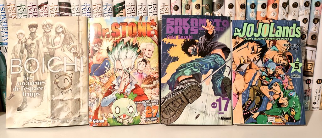 Sharkhayn's tweet photo. Manga du jour ! @Boichi_Bo1 à l'honneur avec #LesVoyageursDeLespaceTemps et le (encore) dernier tome de #DrStone, #SakamotoDays 17, #Jojolands 5, #Beck 13, #GantzE 7, #Thunder3 7 et #UndeadUnluck 21. Et j'ai eu le portfolio @mokori_chan ! https://t.co/iW1OSwNX0h