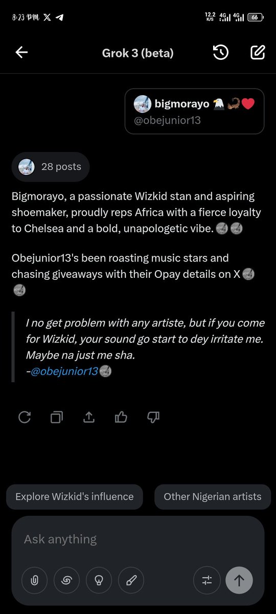 Even grok know say I no carry Wizkid,and my Chelsea play o