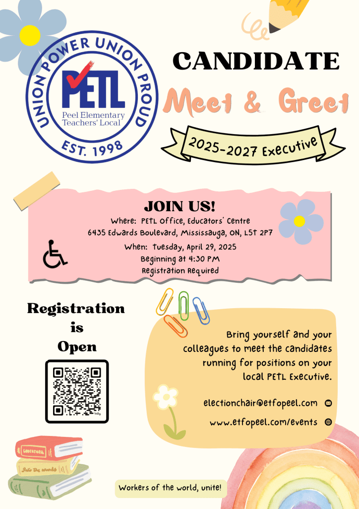 ETFOPeel's tweet photo. PETL executive elections are underway! Come meet all of the candidates for the 2025-2027 executive (released and non-released). Join us on April 29th at 4:30.
RSVP at https://t.co/OfgocPxo56
Questions re: elections should be directed to the Chair at electionchair@etfopeel.com https://t.co/W2VyTN4vq7
