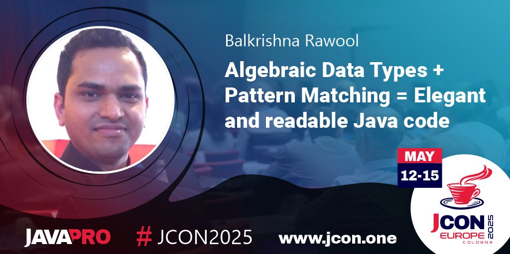 JCON (@jcon_conference) on Twitter photo Excited for #JCON EUROPE 2025? See <a href="/BalaRawool/">Balkrishna Rawool</a> at #JCON2025 in Cologne talking about 'Algebraic Data Types + Pattern Matching = Elegant and readable #Java code'
A talk that starts with a problem and ends up with an #elegant implementation using Java's…
Get your free #JUG Excited for #JCON EUROPE 2025? See <a href="/BalaRawool/">Balkrishna Rawool</a> at #JCON2025 in Cologne talking about 'Algebraic Data Types + Pattern Matching = Elegant and readable #Java code'
A talk that starts with a problem and ends up with an #elegant implementation using Java's…
Get your free #JUG