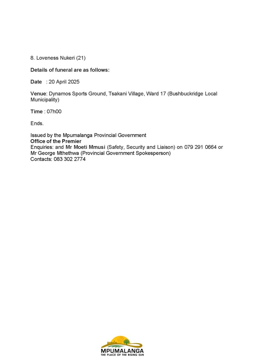 MpumalangaGov's tweet photo. MEDIA RELEASE
For Immediate Release
All Media Houses
Date: 19 April 2025
MASS FUNERAL FOR THE VICTIMS OF HOEDSPRUIT CRASH
#LetsGrowMpumalangaTogether #RIP #leavenoonebehindsa #massfuneral https://t.co/KbDgrJV50W