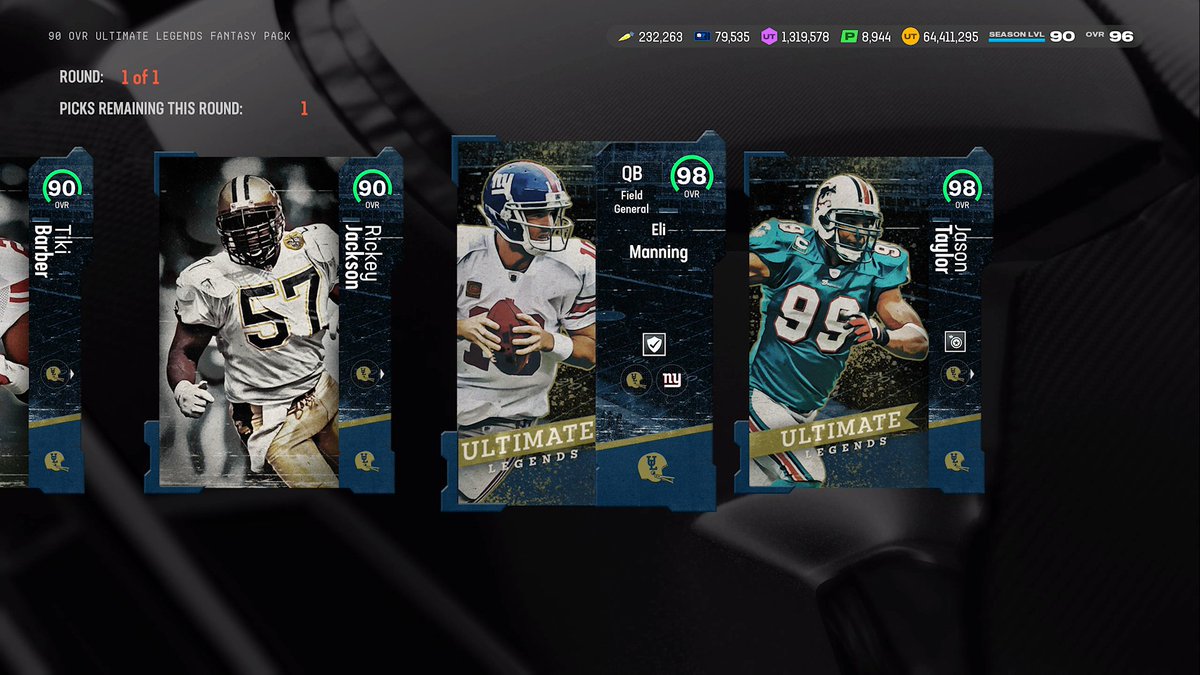 GO PLAY THE NEW UL SOLOS. This took me 2 minutes to do. Choose the 90 overall fantasy pack and at the end of it Jason Taylor and Eli are in it as auctionable