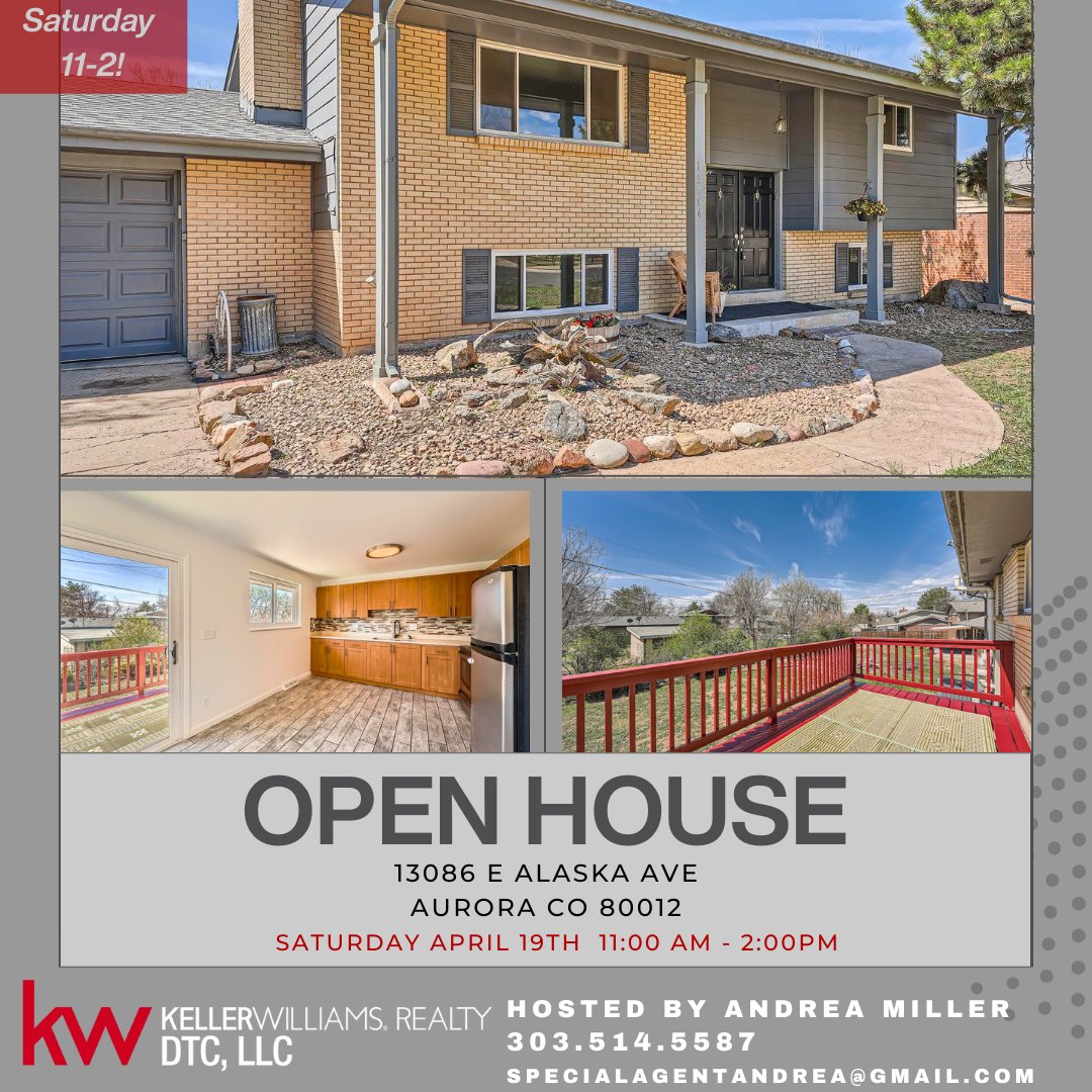 I’ll be at my latest listing today, and I’d love for
You to stop by and check it out!

🚪OPEN HOUSE🚪⁠
13086 E Alaska Ave
Aurora, CO 80012
Saturday, April 19th
11:00 - 2:00pm
⁠
#aurorarealtor
#aurorarealestate
#aurorarealestateagent
#aurorahomesforsale