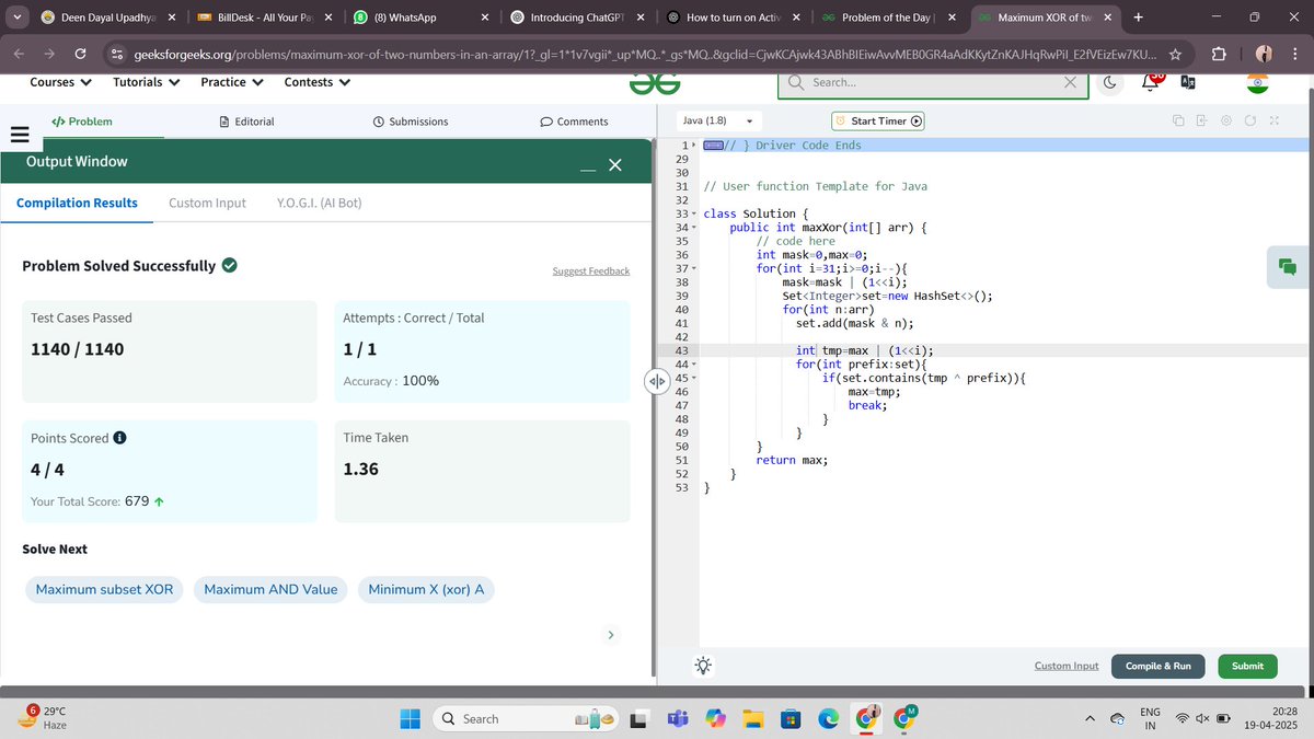 mamtasingh1089's tweet photo. Day 148/160: Words, Perfectly Indexed! 📚Today’s challenge: "Maximum XOR of two numbers in an array" @geeksforgeeks  DSA meets efficiency in style — just 5 days to go! #Day148 #Trie #PrefixTree #DSADaily #GFG160 #geekstreak2024 https://t.co/u1YiH4nyOJ