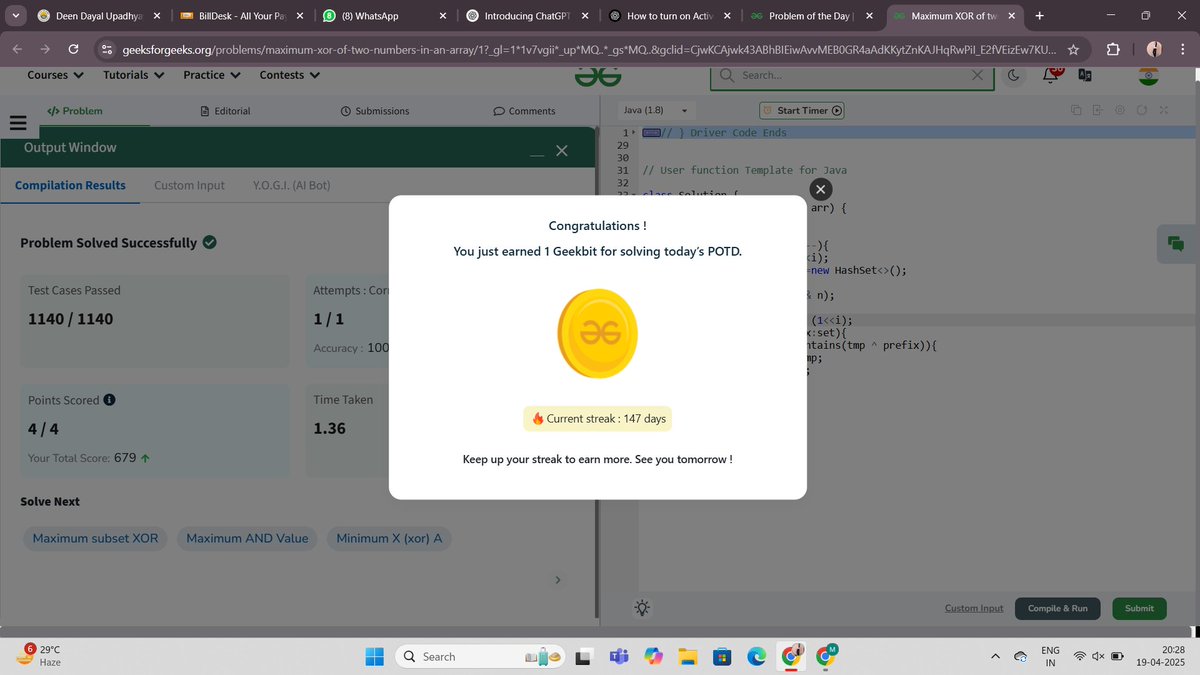 mamtasingh1089's tweet photo. Day 148/160: Words, Perfectly Indexed! 📚Today’s challenge: "Maximum XOR of two numbers in an array" @geeksforgeeks  DSA meets efficiency in style — just 5 days to go! #Day148 #Trie #PrefixTree #DSADaily #GFG160 #geekstreak2024 https://t.co/u1YiH4nyOJ