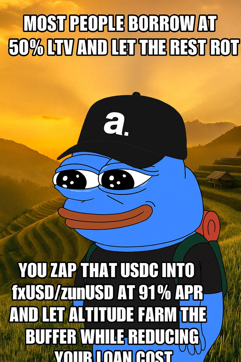 They told you DeFi loans were a liability.
They never told you they could be the source of your highest yield.

Here’s the loop they don’t teach:

→ Deposit wstETH or cbBTC on Altitude
→ Borrow 50% LTV in USDC
→ Zap into zunUSD/fxUSD on Convex
→ Earn 90%+ in FXN while