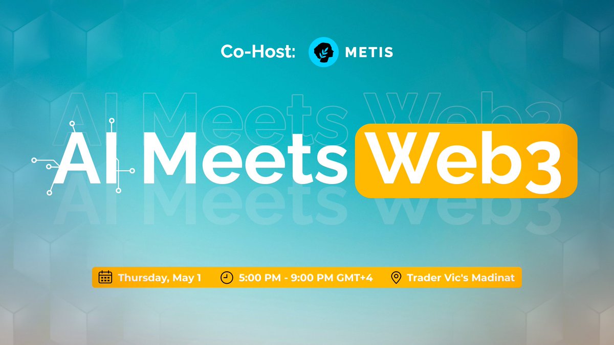 MetisL2's tweet image. 🤖✨ AI Meets Web3 Event

Metis is proud to co-host "AI Meets Web3," an exclusive gathering exploring the groundbreaking fusion of Artificial Intelligence and Web3 technology.

Join industry leaders, innovators, and enthusiasts to discuss the future of blockchain and AI
