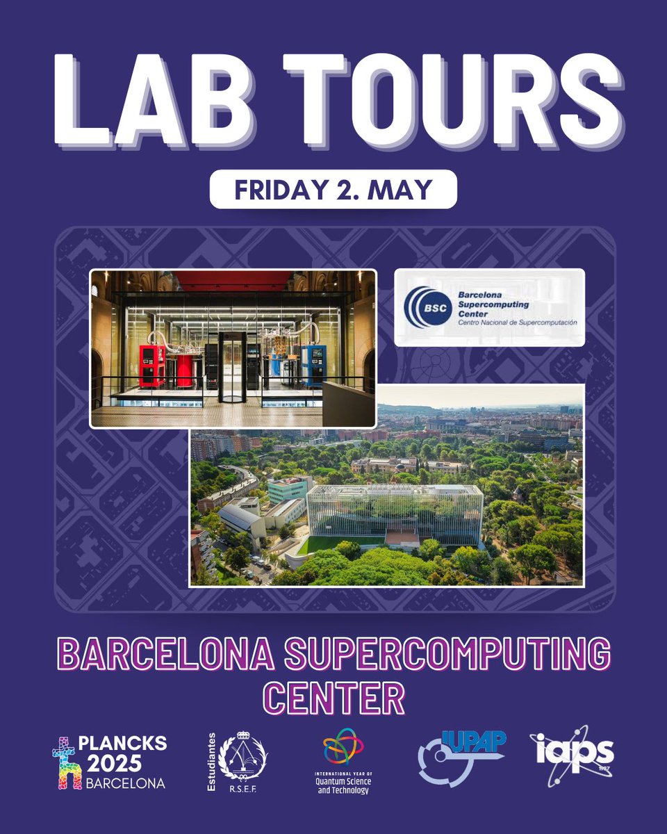 plancks25's tweet photo. Excited for PLANCKS 2025 Lab Tours on May 2!
🔬 @ALBAsynchrotron
💻 @BSC – MareNostrum & Spain’s first public quantum computer
⚛️ @qilimanjaro
✨ @ICFOnians – Photonics & quantum research
Discover where science meets innovation!
#PLANCKS2025 #Physics #Barcelona #IAPS https://t.co/pX0kowVSKm