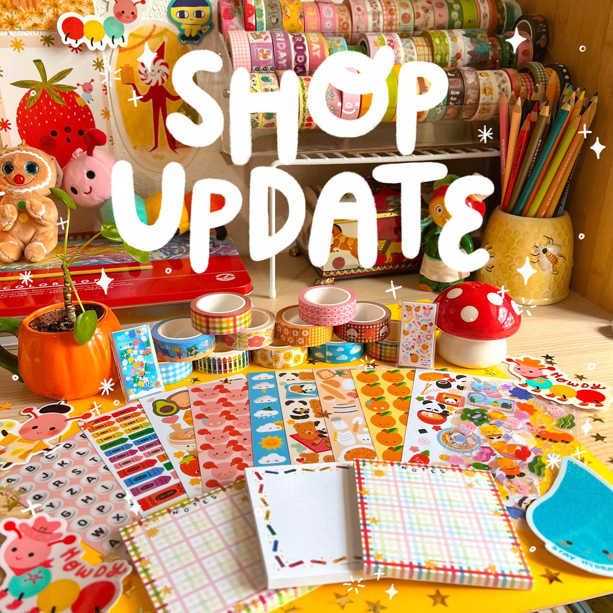 veronicaporlier's tweet photo. ✨SHOP IS OPEN✨
Yay! The day is finally here!! My first real shop update is such a loooong time I feel like! I have tons of new sticker sheets, washi tape, memos, etc! There’s also still lots of plushies leftover! 💛 shares are extremely appreciated 🥹💛 https://t.co/K7USVSeESX