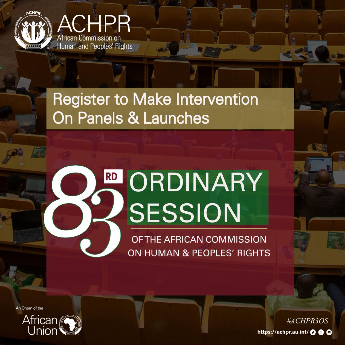 📢 Last Chance: Register to Make Interventions at #ACHPR83OS!

Deadline extended to 23 April 2025 to sign up for interventions on Panels and Launches at the 83rd Ordinary Session.

Don't miss your chance to contribute to vital #HumanRights discussions in #Africa.

#ACHPR83OS