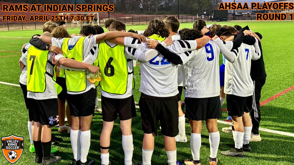VHSRamsSoccer's tweet photo. PLAYOFFS ROUND 1
Rams at Indian Springs
Friday, April 25th
7:30 ET
#GoRams 📝 https://t.co/gLmbb4DmqT