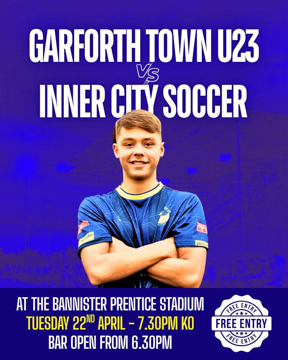 This Tuesday 👀
Garforth Town U23s take on Inner City Soccer in a friendly up at the Bannister Prentice Stadium this Tuesday.
Kick off is 7.30pm.

It's FREE entry to this game and the clubhouse bar will be open from 6.30pm.