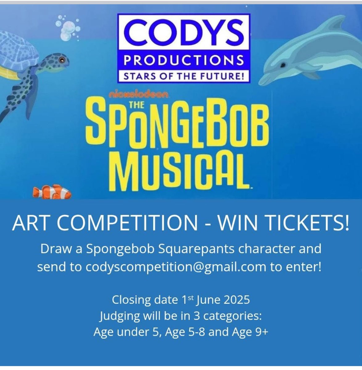 Have you entered our art competition yet?  

YOU CAN WIN TICKETS TO THIS FABULOUS SHOW!!!

#SpongeBob 
#Musicals 
#Art 
#Competition