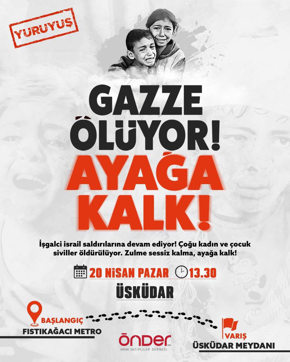 🇵🇸 Gazze Ölüyor, Ayağa Kalk!

İşgalci İsrail saldırılarına devam ediyor. Kadın, çocuk ve siviller öldürülüyor. Zulme sessiz kalma, ayağa kalk! 

İnsanlığın ortak sesi olmak ve soykırıma sessiz kalmamak için gerçekleştireceğimiz yürüyüşümüze tüm vicdan sahiplerini bekliyoruz.