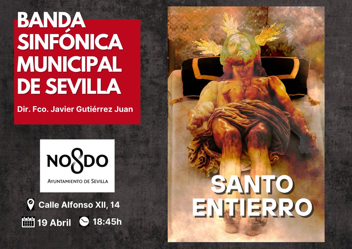 Banda Sinfónica Municipal de Sevilla (@bsmsevilla) on Twitter photo Como cada año, la 𝗕𝗮𝗻𝗱𝗮 𝗦𝗶𝗻𝗳𝗼́𝗻𝗶𝗰𝗮 𝗠𝘂𝗻𝗶𝗰𝗶𝗽𝗮𝗹 𝗱𝗲 𝗦𝗲𝘃𝗶𝗹𝗹𝗮 <a href="/BSMSevilla/">Banda Sinfónica Municipal de Sevilla</a> acompaña el Sábado Santo el cortejo de la <a href="/StoEntierro_Sev/">Santo Entierro Sevilla</a> tras el 𝗖𝗿𝗶𝘀𝘁𝗼 𝗬𝗮𝗰𝗲𝗻𝘁𝗲. <a href="/Ayto_Sevilla/">Ayuntamiento de Sevilla</a> <a href="/ElConsejoSev/">Consejo HH y CC Sevilla</a> Como cada año, la 𝗕𝗮𝗻𝗱𝗮 𝗦𝗶𝗻𝗳𝗼́𝗻𝗶𝗰𝗮 𝗠𝘂𝗻𝗶𝗰𝗶𝗽𝗮𝗹 𝗱𝗲 𝗦𝗲𝘃𝗶𝗹𝗹𝗮 <a href="/BSMSevilla/">Banda Sinfónica Municipal de Sevilla</a> acompaña el Sábado Santo el cortejo de la <a href="/StoEntierro_Sev/">Santo Entierro Sevilla</a> tras el 𝗖𝗿𝗶𝘀𝘁𝗼 𝗬𝗮𝗰𝗲𝗻𝘁𝗲. <a href="/Ayto_Sevilla/">Ayuntamiento de Sevilla</a> <a href="/ElConsejoSev/">Consejo HH y CC Sevilla</a>