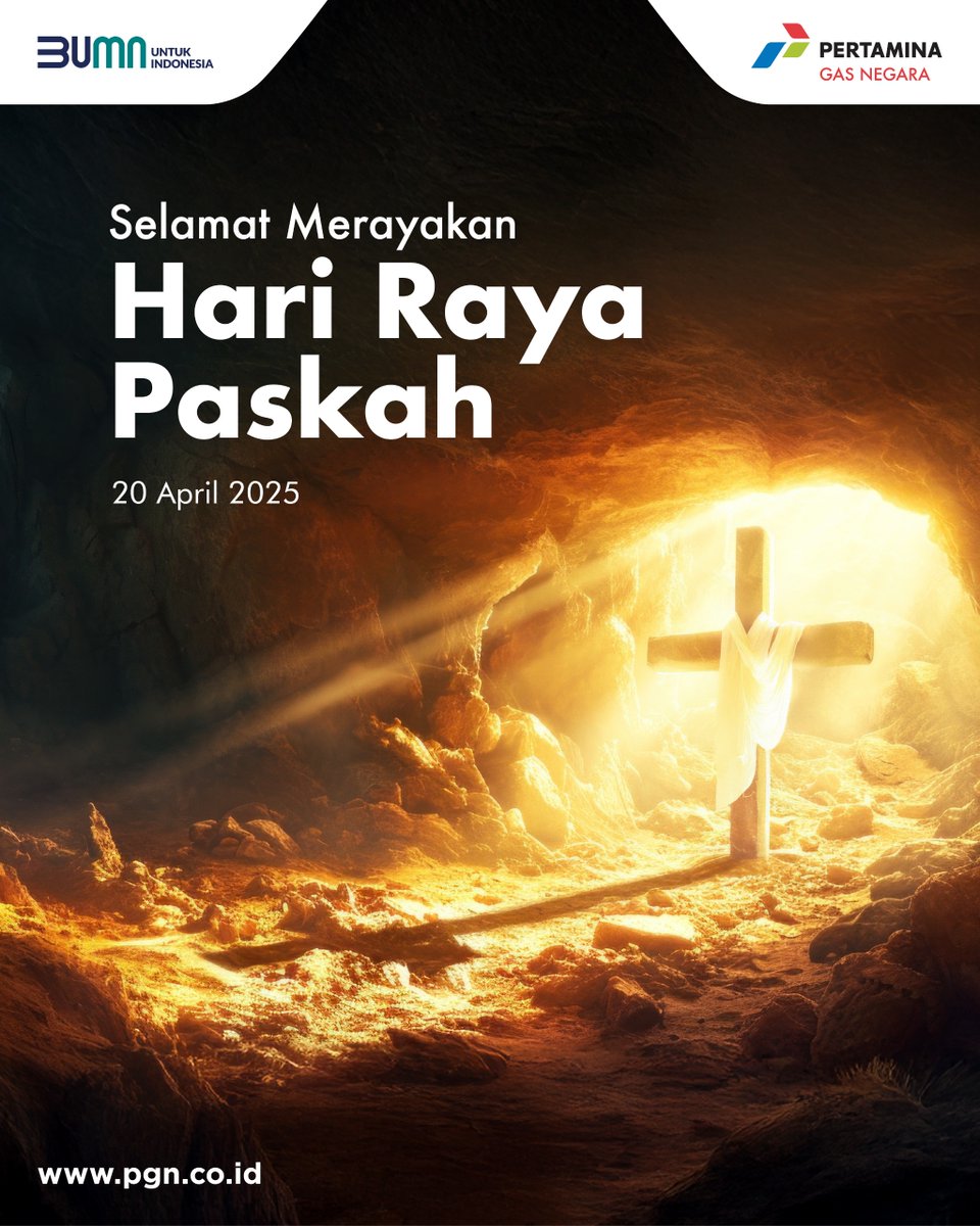 Gas_Negara's tweet image. Selamat Hari Raya Paskah 2025.
Kebangkitan-Nya membawa iman dan harapan bagi kita untuk terus menyalurkan #EnergiBaik bagi sesama. Jadilah terang dan garam untuk turut mewartakan Kebangkitan-Nya ke seluruh penjuru negeri.
#AcceleratingProgress
#EnergizingYou
#BUMNUntukIndonesia