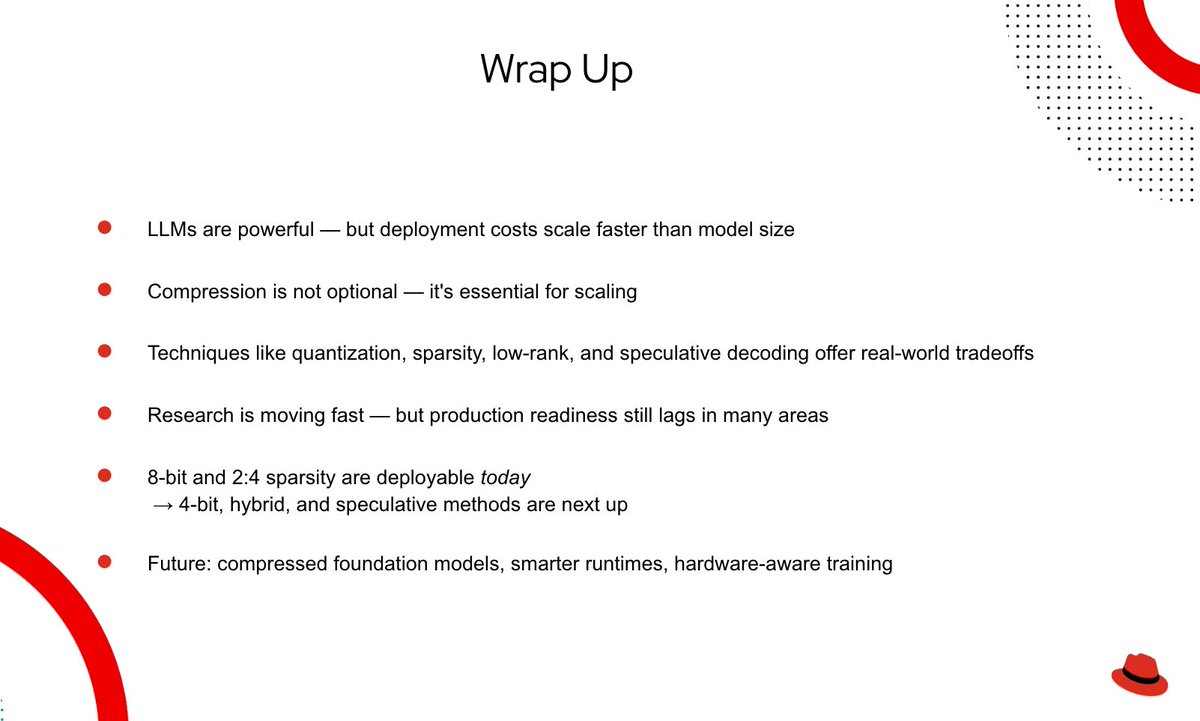 RedHat_AI's tweet image. Wondering how model compression affects performance and accuracy in LLMs? 🤔

In yesterday's #RandomSamples series, @markurtz_ broke down the latest in compression techniques, exploring the balance between accuracy &amp;amp; performance, from research to production (all slides below). 📊