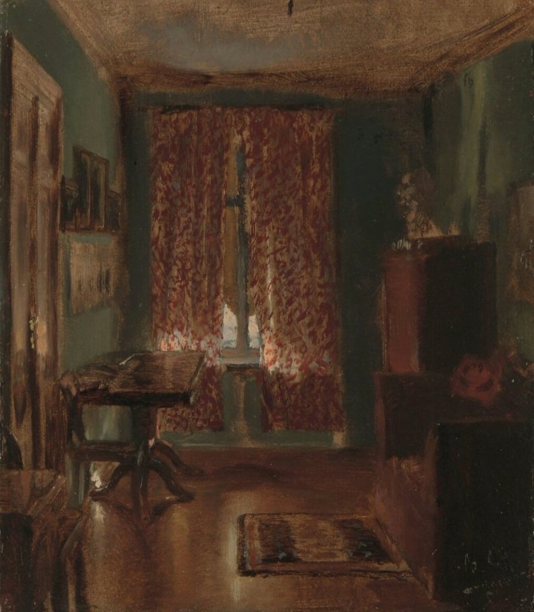 This interior belongs to a small group of paintings in which Adolph Menzel studied the effects of light in simply furnished spaces he occupied in Berlin between 1845 and 1851 - he considered them experiments and never exhibited them.