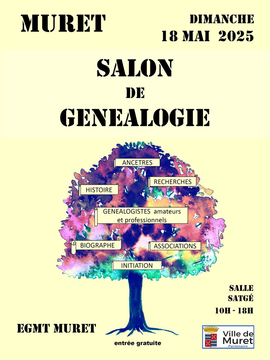 L’antenne de Muret de l’<a href="/Egmt_genealogie/">EGMT Généalogie</a> organise le 2ème Salon de #Généalogie le dimanche 18 mai 2024 de 10h à 18h, salle Satgé, place Léon Blum, à Muret.

Je vous accueillerai sur mon stand 🌳

<a href="/rfgenealogie/">RFGénéalogie</a>

#genealogiefamiliale 
#histoire 
#famille 
#psychogénéalogie
