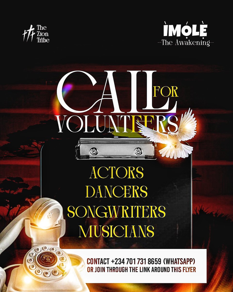 the_zion_tribe's tweet photo. The Light is comingโฆ and you can carry it.
We need volunteers for รMรLร: Dancers. Actors. Musicians. Storytellers.
Be part of the stage. Be part of the movement.
Link in Bio.
#ImoleIsComing #ChristianDrama #VolunteerCall #ImoleStagePlay https://t.co/UMgVRiHv83