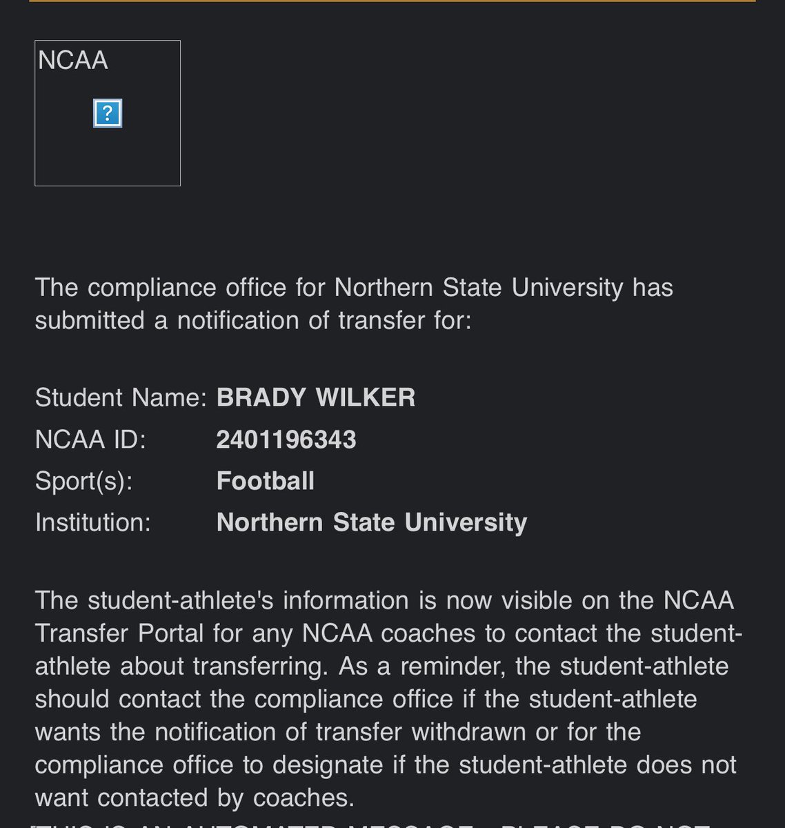 After a lot consideration and conversations I am am declaring for the transfer portal with 4 years of eligibility. I’d like to thank the NSU coaching staff for the amazing opportunity. With that being said, I am excited to enter a new chapter in life. 

-Brady Wilker