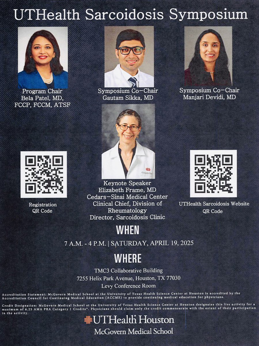 McGovernPulmCC's tweet image. 🚨 Happening now: 1st UT Sarcoidosis Symposium (in person & virtual)
Can still join us for a deep dive into sarcoidosis diagnosis, management nuances, and an evidence-based care
med.uth.edu/internalmedici…