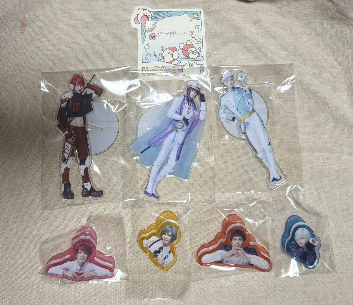 mapipi_man88's tweet photo. 【交換・譲渡】エーステ ランブロ アクスタ クリップ 

譲 十座 ☆太一 莇 誉 東 咲也 幸 臣 密

求 
ランブロ 同種 太一(両種) 万里(全身)
アクスタ 万里
クリップ 太一 万里
＞定価(送料)
☆は纏めてのお譲りのみ譲渡可

郵送＞都内手渡し
お気軽にお声掛けください☻ https://t.co/k69Jh3BWvf