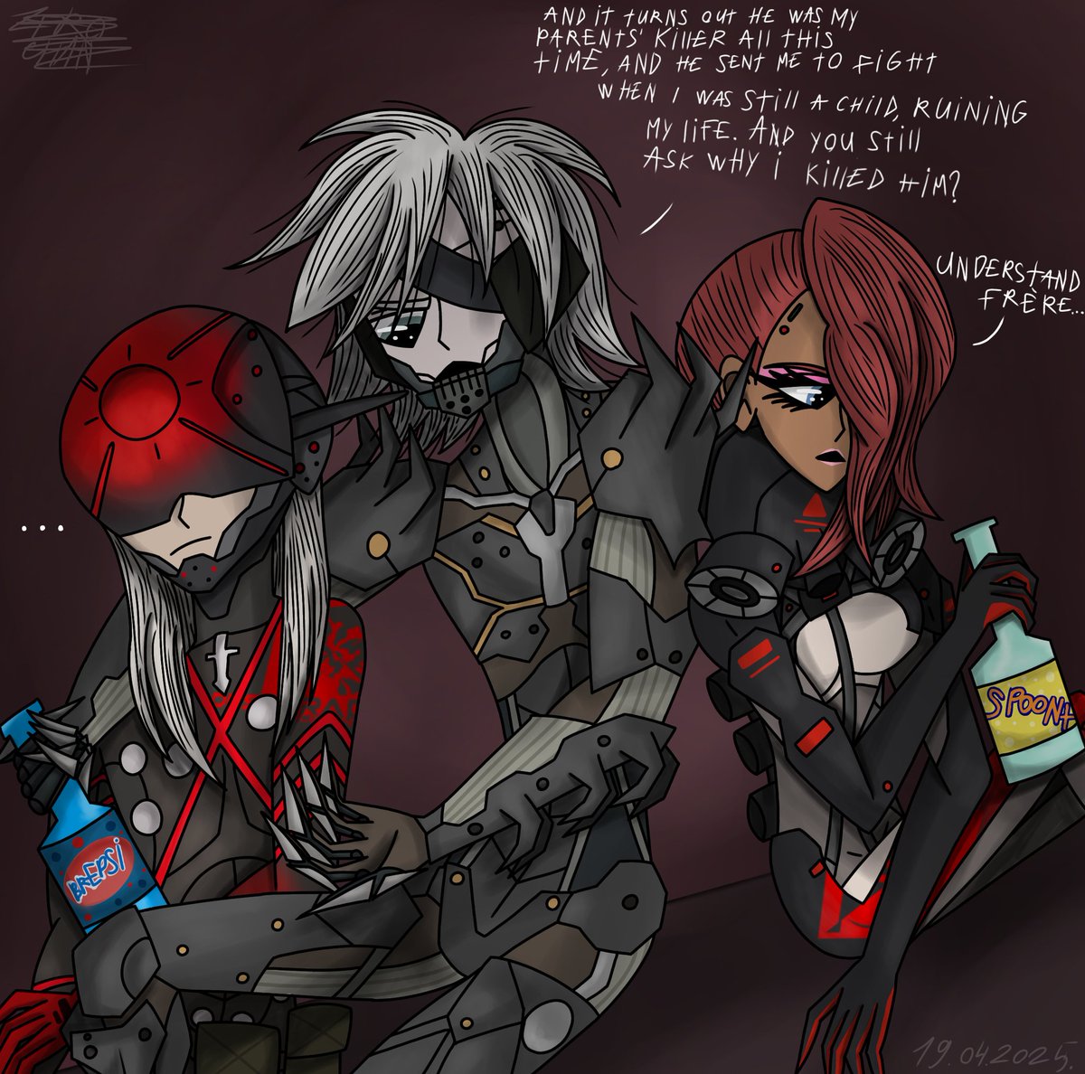 cha29420869's tweet image. I drew it based on my dream. I&apos;ll explain its essence in the comments

#MGR #metalGearRising #MgrRaiden #MgrMistral #MgrMonsoon