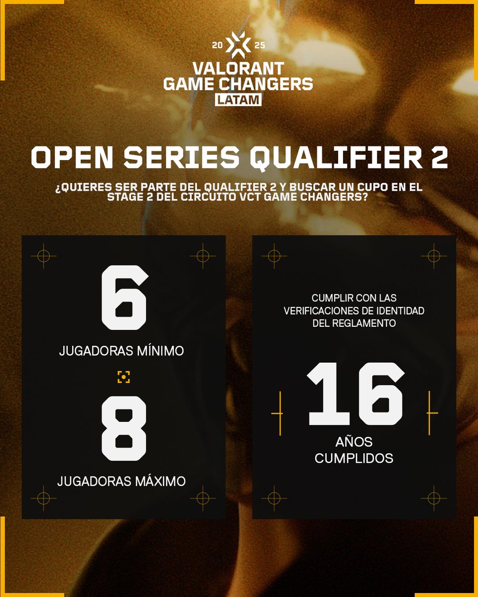 📋 ¿Listas para competir en #VCTGameChangers?
Requisitos para el Open Series Qualifier 2:

👥 Equipos de mínimo 6 jugadoras
🎂 +16 años
🌎 Jugar en el servidor correspondiente: LAN o LAS
🧾 Leer y cumplir el reglamento (sección 2.6)

Registros👉 opengc.arenagg.com