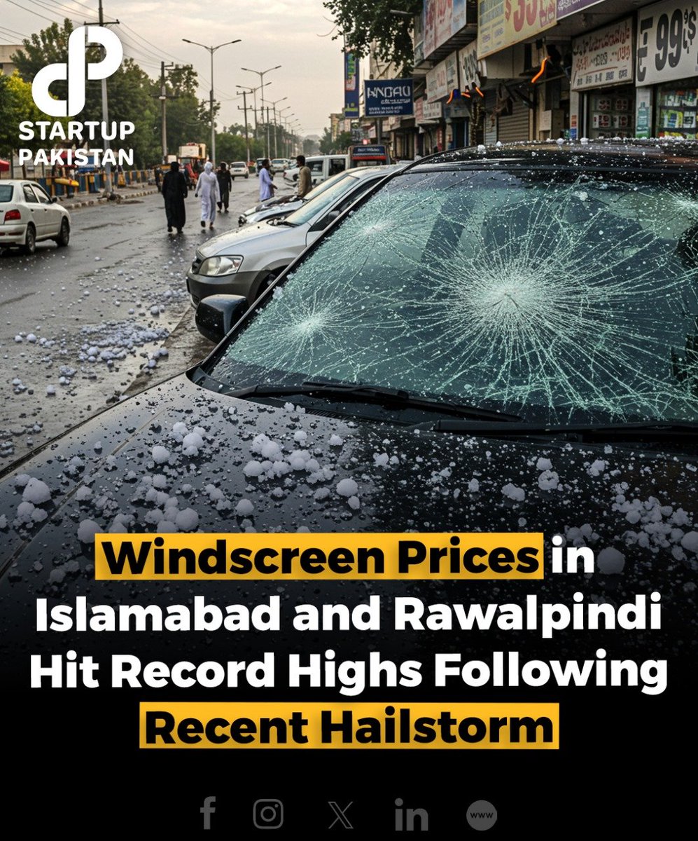 PakStartup's tweet photo. A recent hailstorm in Islamabad and Rawalpindi damaged many vehicles, causing a sudden demand for windscreen replacements. Auto markets in both cities are now facing a shortage of supplies.

#AutoMarketUpdate #HailstormImpact #IslamabadRawalpindi https://t.co/jaxKorDGml