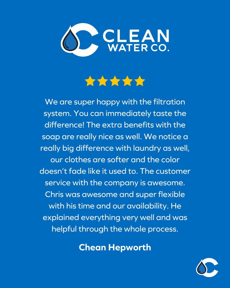 Cleanwaterco_'s tweet photo. Another happy customer! The Hepworth family noticed an immediate difference in the taste of their water and loves their new system! Unhappy with your water quality? Call us today! https://t.co/4JR8NrdMBL