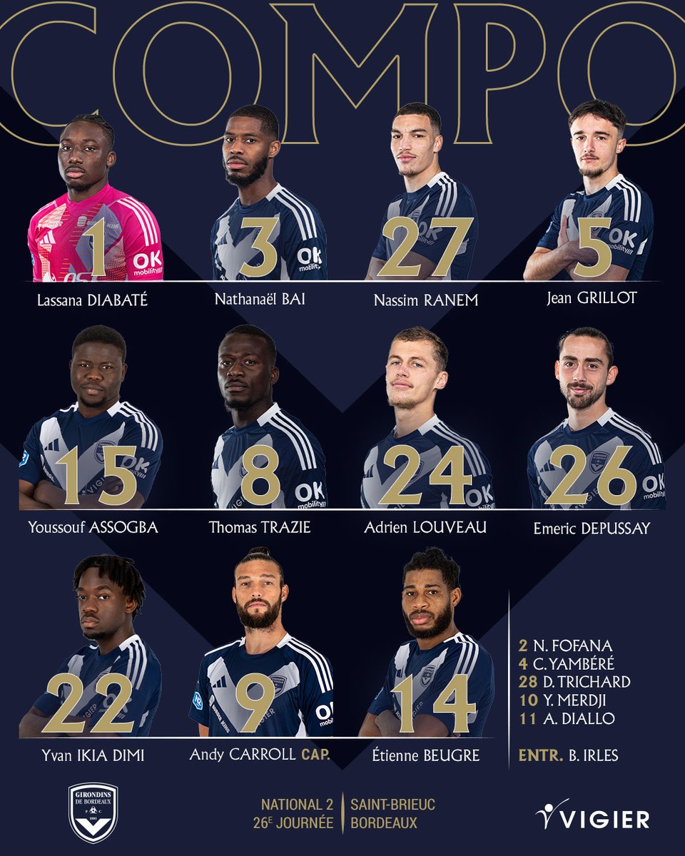 FC Girondins de Bordeaux (@girondins) on Twitter photo 𝑳𝒂 𝒄𝒐𝒎𝒑𝒐 📋 
Voici les 1⃣1⃣ joueurs qui débuteront le match ce soir face au leader <a href="/StadeBriochin/">Stade Briochin</a> ⚔️
#SBFCGB #AllezBordeaux 𝑳𝒂 𝒄𝒐𝒎𝒑𝒐 📋 
Voici les 1⃣1⃣ joueurs qui débuteront le match ce soir face au leader <a href="/StadeBriochin/">Stade Briochin</a> ⚔️
#SBFCGB #AllezBordeaux