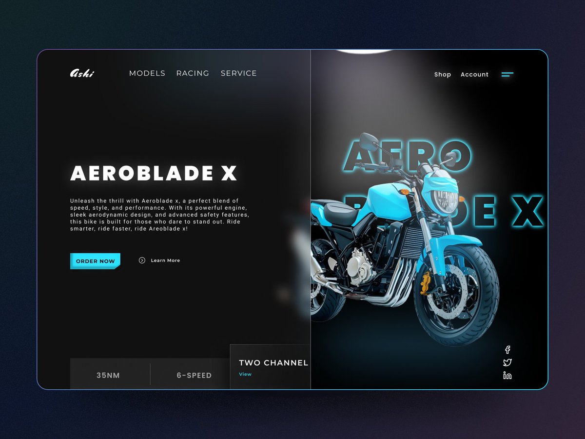 ashidesigns's tweet photo. Unveiling my latest futuristic motorcycle landing page! 🏍️✨
Bold typography, immersive neon visuals, and a clean layout. Designed for speed, style, and a seamless user experience.
Let me know what you think! 🔥
#UIDesign #UXDesign #MotorbikeUI #FuturisticDesign #LandingPage https://t.co/mRLttd0S4H