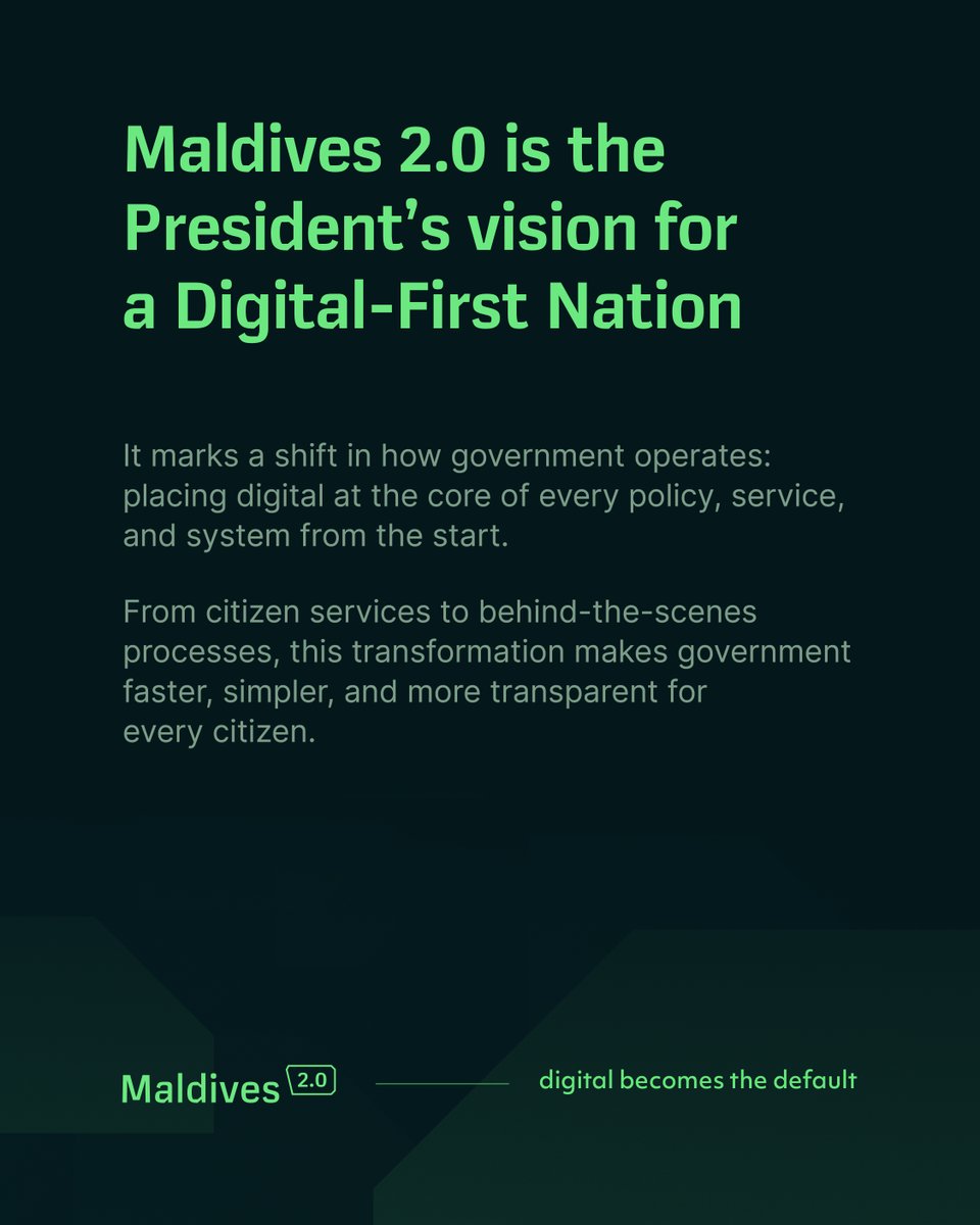 digitalgovmv's tweet image. Maldives 2.0 sets the vision for a Digital-First Nation — shaping a future where technology empowers every citizen, connects every island, and ensures transparency at every level of government.  (1/3)