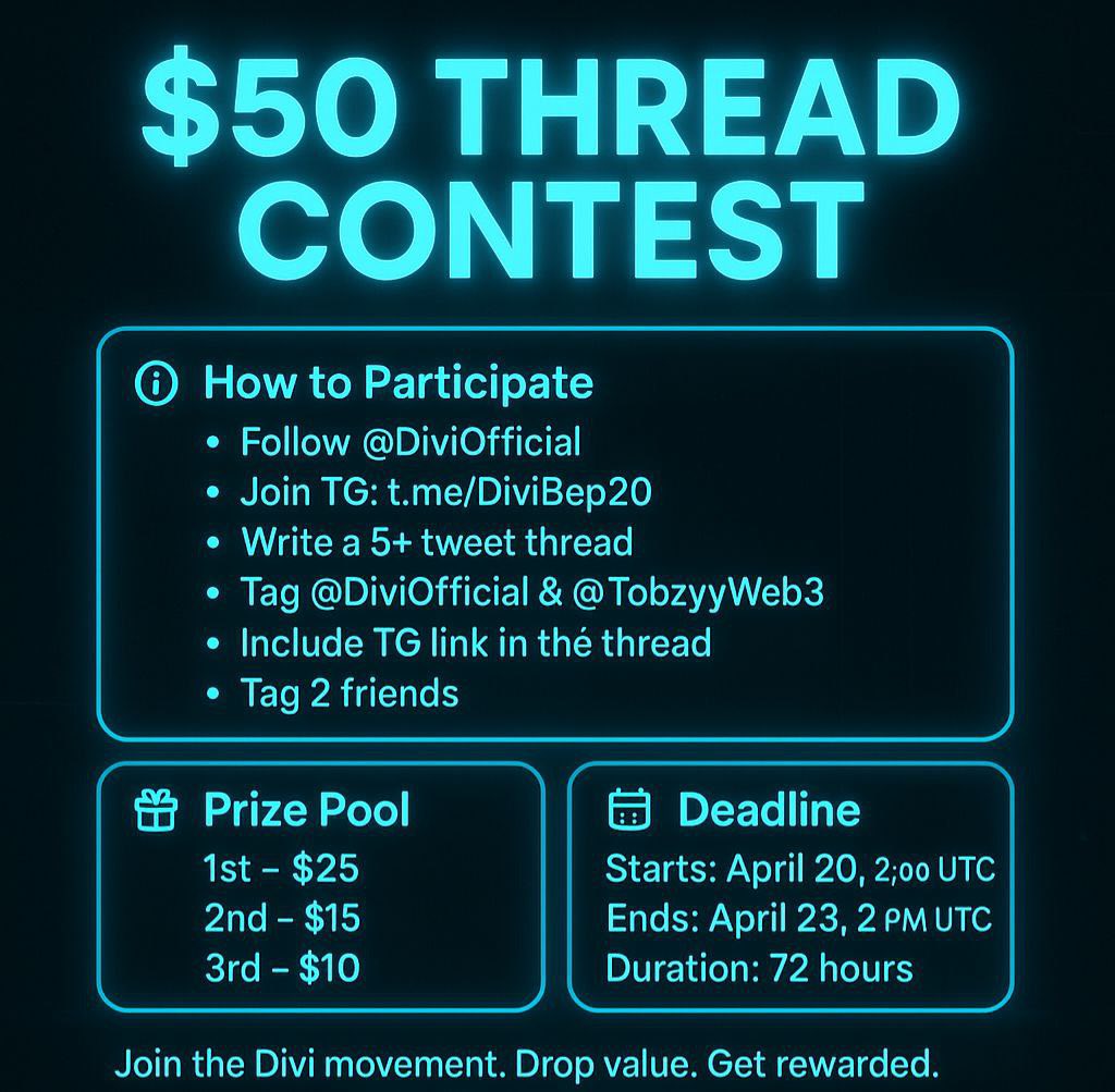 0xtobzyy's tweet photo. 🚨Divi Thread Contest is LIVE, powered by @DiviOfficial 🚨

Create, Educate, and Win from a $50 prize pool

Here’s everything you need to participate:

[TG]- https://t.co/L18rH9L6L9
[X]- @DiviOfficial 
[Website]- https://t.co/pviBBpZSBp https://t.co/RY2hEbJAMl