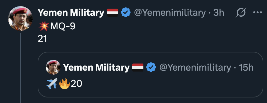 caitoz's tweet photo. The most wholesome thing on the internet right now is Yemeni forces keeping a running tally of the US MQ-9 Reaper drones they've been destroying. These things are 30 million dollars apiece. https://t.co/hJNHtkVgm1