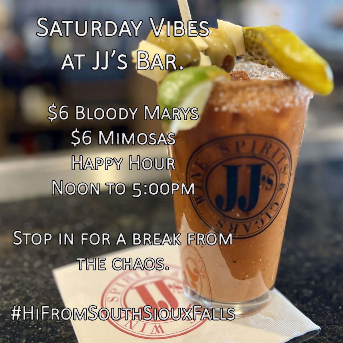 jjswine's tweet photo. Saturday Vibes - Happy Easter - CLOSED tomorrow! - https://t.co/2NXIWCHBj6

Happy Easter from all of us at JJ's! Stop and see us if you are out and about today. Open up today's newsletter to see what we have going on!

#HiFromSouthSiouxFalls #JJsWine #JJsBar #TheBoozyBakery https://t.co/Eljahr7WuF