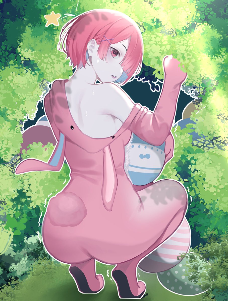 The last of the beautiful bunny gals I'll be posting myself is Ram!!! this one I commissioned <a href="/Kir3oui/">A O U I🥞</a> to draw. Thanks for the great work! 

Ram hiding some easter eggs for the kids being a good Onee-sama!!