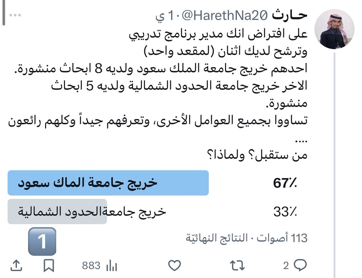 HarethNa20's tweet photo. في الاستفتاء السابق 
اتفق 67 من المشاركين على اختيار خريج جامعة الملك سعود ذو الـ8 أبحاث على خريج جامعة الحدود الشمالية ذو الـ5 أبحاث. 
وبعد احتساب بعض العوامل، نجد أن الاختيار غير عادل، ولم يستفد البرنامج التدريبي من اختيار المتقدم الاكفأ. 

استفتاء آخر بالرد

#matching2025 https://t.co/Qz18tXyJUc