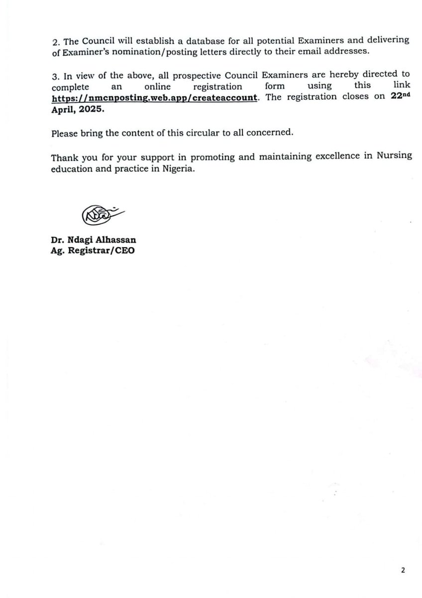 Online Registration of all Prospective Council Examiners for NMCN's Professional Examiners